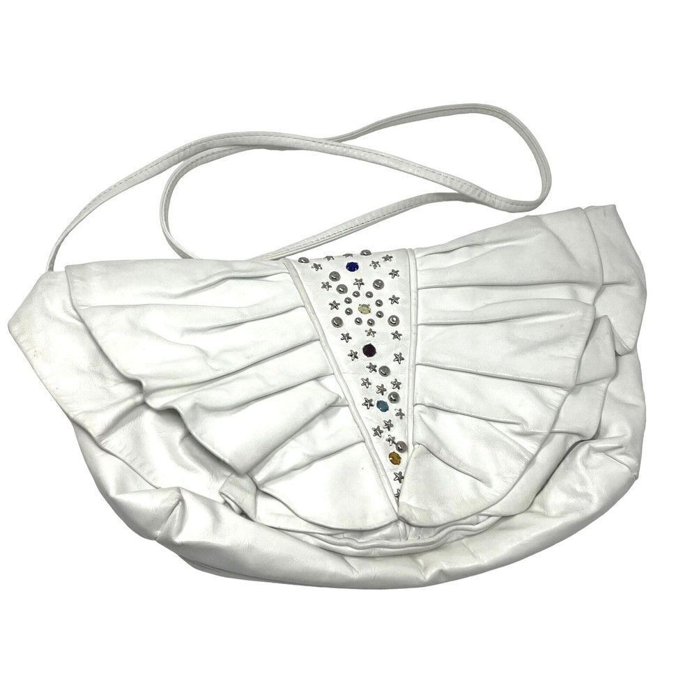 Vintage white leather purse Multicolor studs Crossbody purse medium BoxU 80s 90s